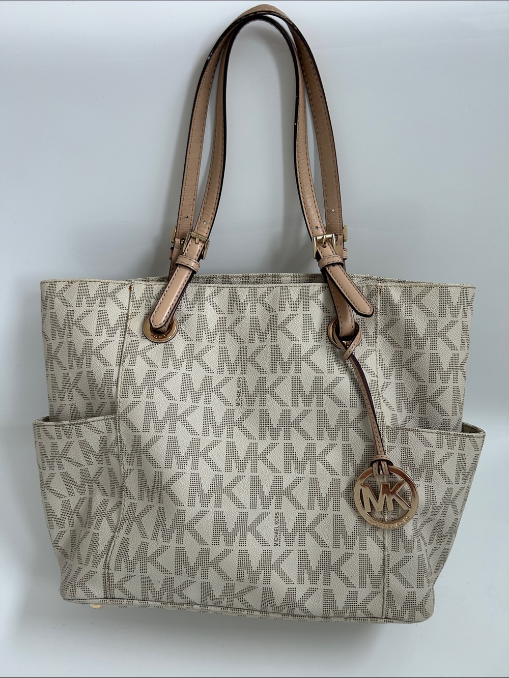 Michael Kors Beige Logo Print Tote with Gold-Tone MK Charm